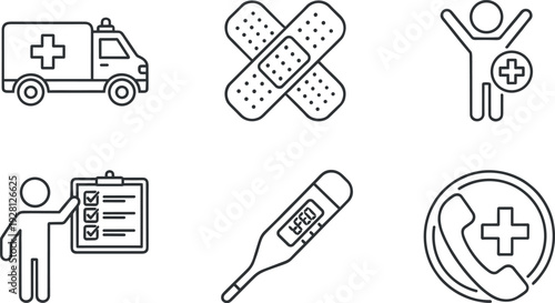 Emergency Healthcare and Medical Service Line Icon Set with Ambulance, Bandage, Patient Care, Thermometer and Support Call Symbols