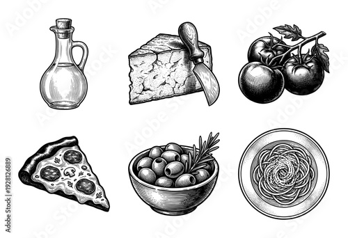 Italian food and Mediterranean ingredients collection in hand drawn vintage engraving style featuring pizza pasta olives cheese and tomatoes