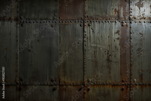 Worn steel plate with rivets and industrial lighting