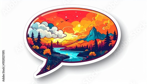 A vibrant cartoon landscape with a speech bubble featuring a serene mountain and river scene at sunset