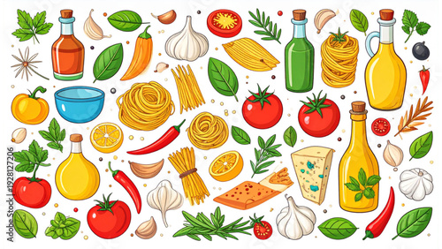 Italian Pasta Ingredients Vector Set – Hand-Drawn Doodles of Tomatoes, Garlic, Basil, and Olive Oil