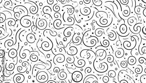 A black and white abstract pattern featuring swirling lines and dots on a clean background