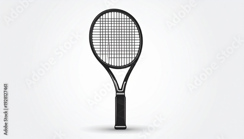 A black tennis racket stands alone on a white background, ready for action.