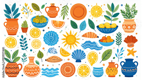 Mediterranean Elements Vector Set – Flat Abstract Icons of Olive Branches, Citrus, and Sea Motifs