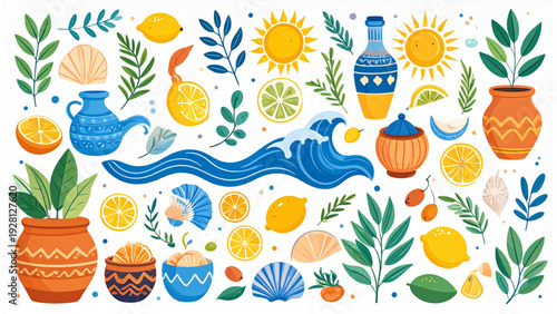 Mediterranean Elements Vector Set – Flat Abstract Icons of Olive Branches, Citrus, and Sea Motifs