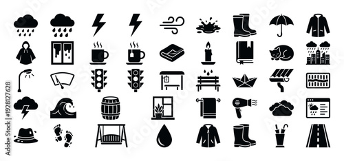 Collection of weather and seasonal icons representing rain, wind, and comfort