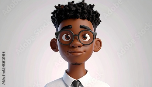 A 3D cartoon character of a smiling young black man wearing glasses and a suit