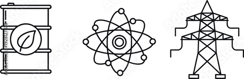Energy Industry and Power Generation Line Icon Set with Oil Barrel, Atomic Structure and Electricity Transmission Tower Symbols