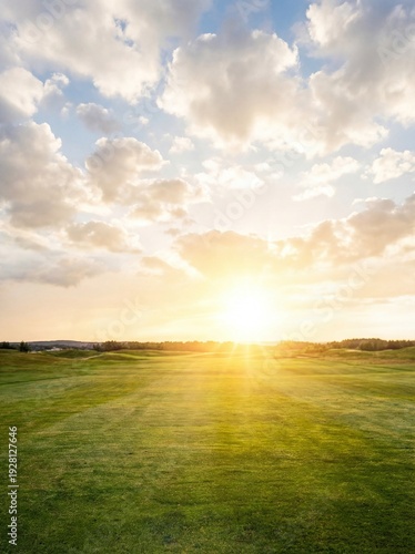 Beautiful Green Golf Course Field at Sunset with Dramatic Cloud Sky Background