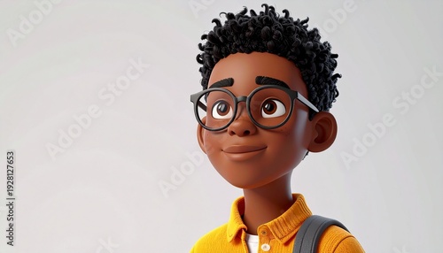 A cartoon boy with glasses and a yellow shirt smiles at the camera