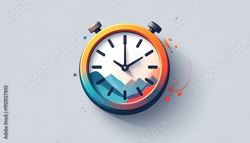 A colorful illustration of a stopwatch with a mountain landscape inside its face