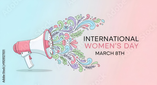 International womens day megaphone illustration with floral decorative elements spreading awareness message for march celebration empowerment equality and support