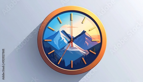 A clock with a mountain landscape on its face shows the time against a plain background