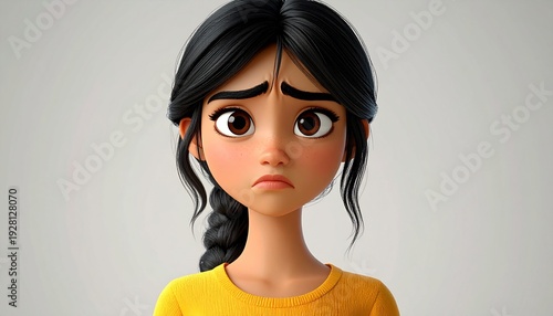 A cartoon girl with a worried expression and braided black hair