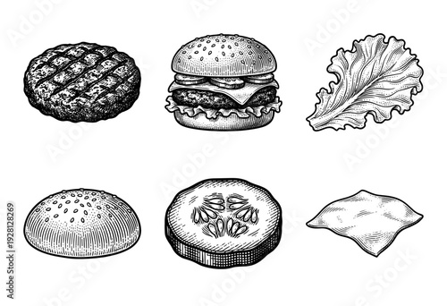 Set of hand drawn burger ingredients and assembled cheeseburger in vintage woodcut engraving style