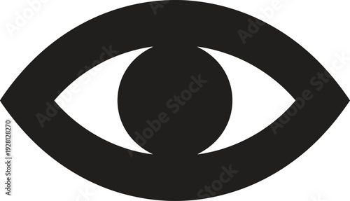 Stylized black eye icon with a white pupil on a white background, representing vision or insight