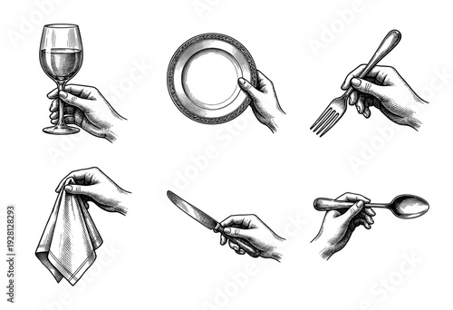 Vintage engraving style collection of hands holding dining essentials including wine glass, plate, fork, napkin, knife, and spoon