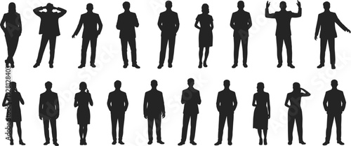 Diverse group of standing adult male and female silhouettes in business attire people women