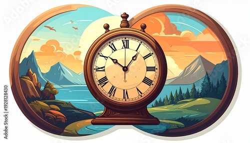 An illustration of a vintage clock in front of a scenic landscape with mountains and a serene lake at sunset