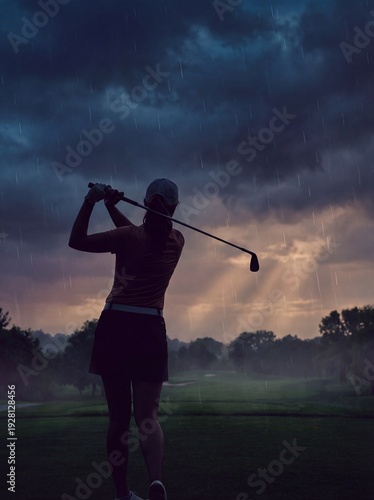 Silhouette of a Determined Female Golfer Playing through a Rainstorm at Moody Sunset