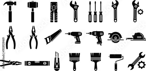 Hand and power tools icons collection construction repair equipment black vector illustration isolated set