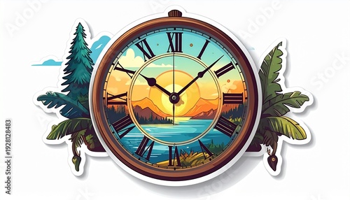 A colorful illustration of a clock with a serene landscape and sunset in the background