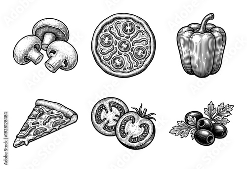 Vintage pizza ingredients and slice collection in hand drawn woodcut engraving style including mushrooms bell pepper tomato and olives