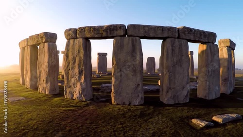 Majestic Stonehenge Ancient Stone Circle Bathed in Golden Sunrise Light on Grassy Plain Historic Monument Mystery