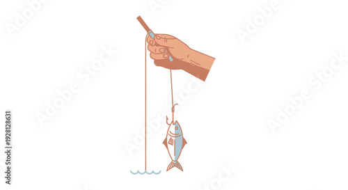 Close-up illustration of a human hand holding a fishing rod, successfully reeling in a freshly caught fish with the hook clearly visible just above the water's surface, depicting a recreational hobby
