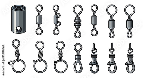Collection of various metal fishing swivels and clasps for fishing gear