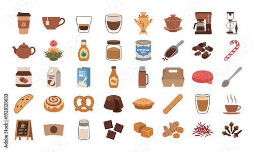 Collection of coffee and tea related items and sweets for breakfast and snacks