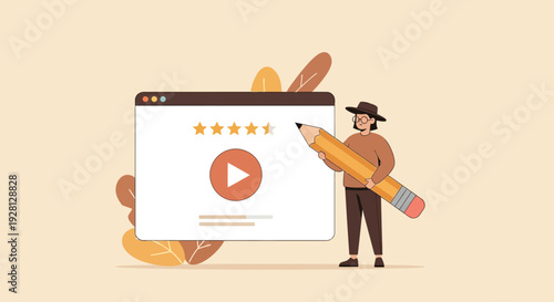 Person writing review on video player screen with stars rating and pencil, online feedback concept