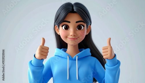 A cartoon woman wearing a blue hoodie gives two thumbs up