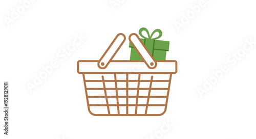 Brown shopping basket with green gift.