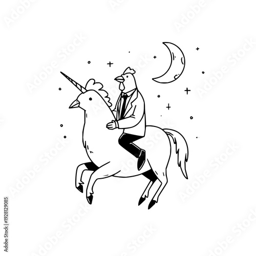 Man riding unicorn under crescent moon stars black and white illustration