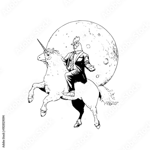 Man riding unicorn under full moon horse black and white illustration drawing