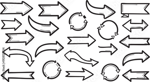 Hand-Drawn Doodle Arrows & Circular Refresh Icons Vector Set, Sketchy Directional Illustrations for Graphic Design & UI/UX
