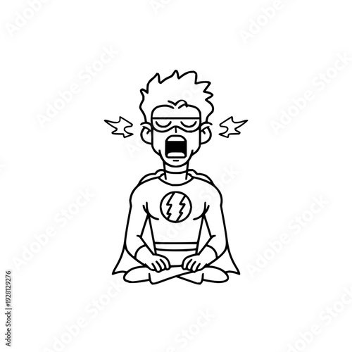 Angry superhero meditating lotus position line art comic cartoon illustration