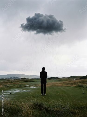 Surreal image of a person standing under an isolated rain cloud representing depression