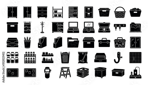 Collection of black and white icons representing various storage and organization solutions