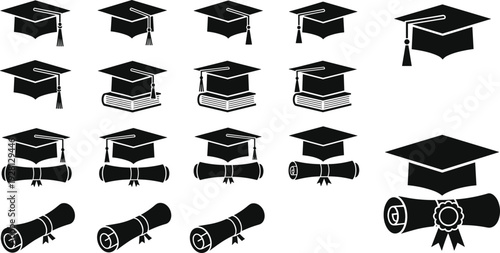 Graduation cap diploma and certificate icons set academic education achievement black vector illustration isolated collection