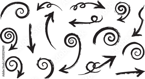 Grunge Hand-Drawn Arrow Set: Bold Black Brush Stroke Directional Doodle Design Elements