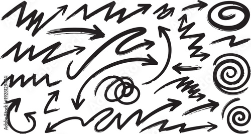 Grunge Hand-Drawn Arrow Set: Bold Black Brush Stroke Directional Doodle Design Elements