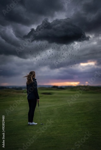 Conceptual Image of a Female Golfer Standing Under a Dark Stormy Rain Cloud