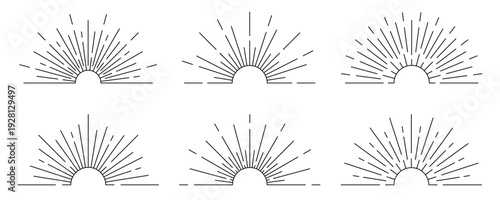 Sunburst rays set in minimalist line art style. Abstract sunrise and radiant sun beam elements with geometric lines and semi circle shapes. Retro sun rays and sunburst design elements. Vector