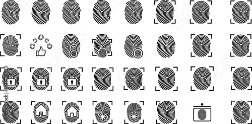 Fingerprint icon collection biometric security authentication system black vector illustration identity verification technology isolated set