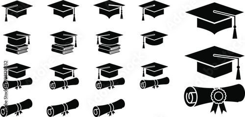Graduation cap and diploma icons set education achievement black vector illustration academic degree symbols isolated collection