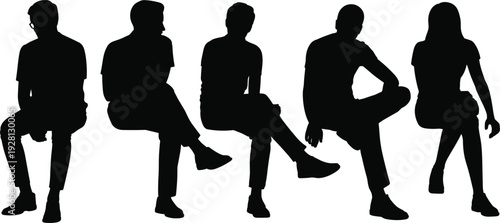Five silhouettes of men and women sitting in various relaxed poses people