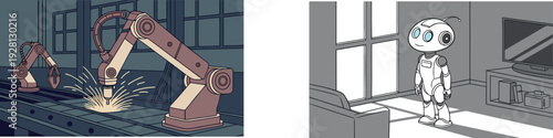 Set of Two Illustrations Featuring Robotic Arms on a Factory Assembly Line and a Small Humanoid Robot in a Modern Living Room