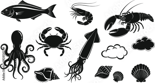 Marine seafood silhouettes set fish crab lobster shrimp octopus squid shells black vector illustration ocean collection isolated